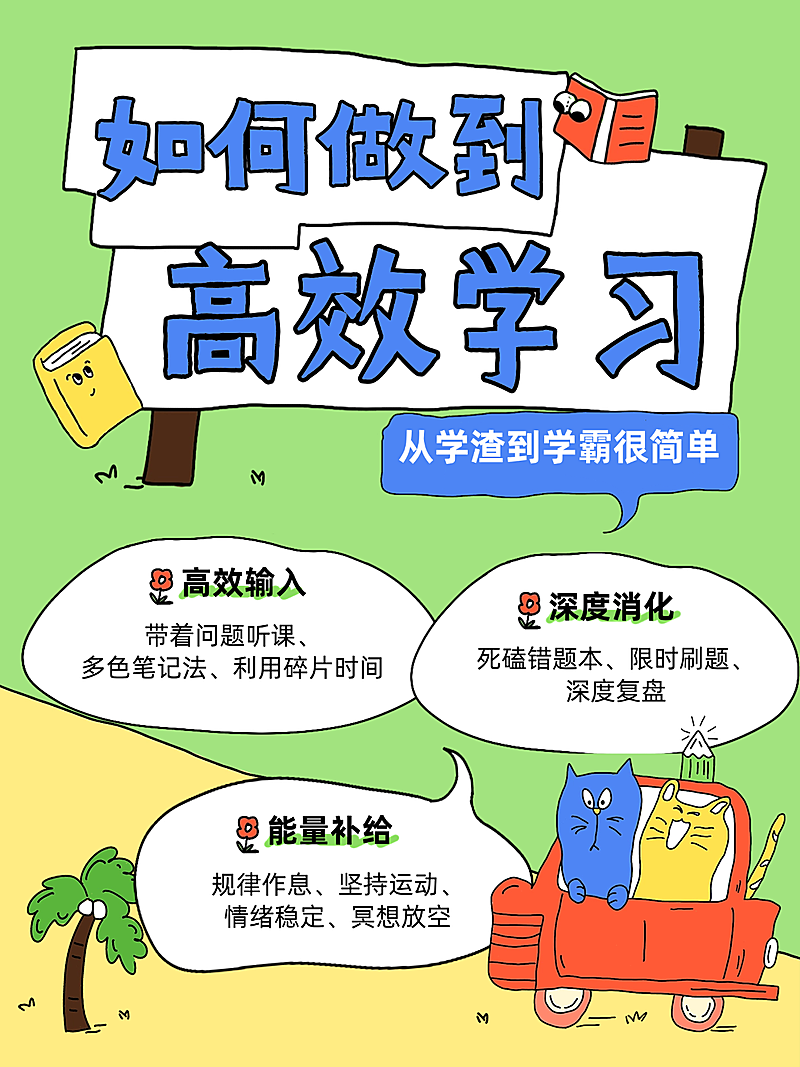 如何高效学习方法分享插画风小红书封面