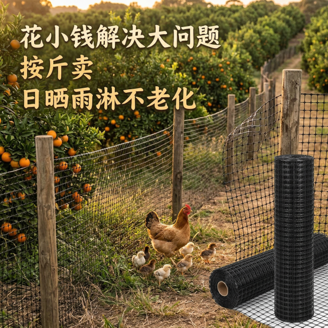 一张电商主图，黑色塑料围栏网沿着木棍立柱围成一片区域，围栏网高2米，网孔清晰可见为37厘米，产品展示在画面前方。背景是硕果累累的柑橘园，围栏内母鸡领着几只小鸡在林下草地找虫子吃。添加文字"花小钱解决大预览效果