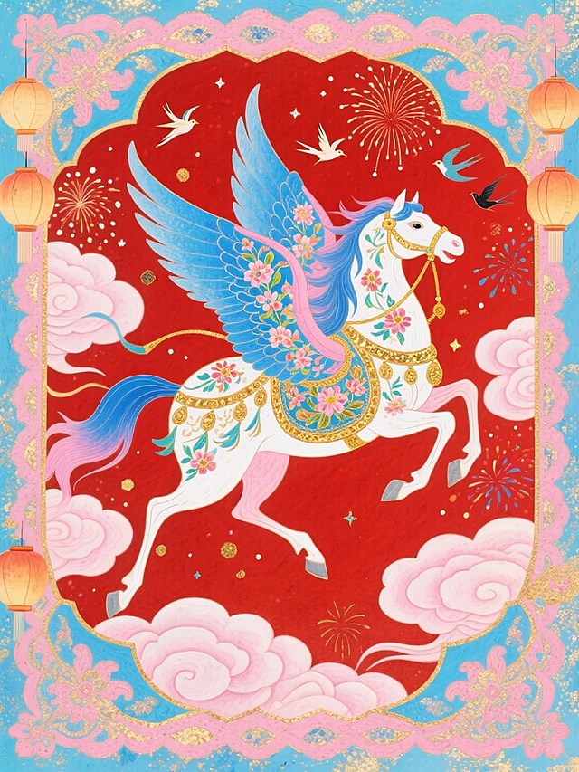 主体是饰有花卉纹样的带有翅膀的敦煌翼马（鬃尾呈蓝粉渐变飘逸质感，搭配彩金华丽鞍具）在祥云间优雅奔跑，鬃毛和尾巴如丝带般飘扬。背景为正红底和繁复的蓝粉祥云装饰边框，点缀灯笼、烟花、飞鸟元素及细碎星光