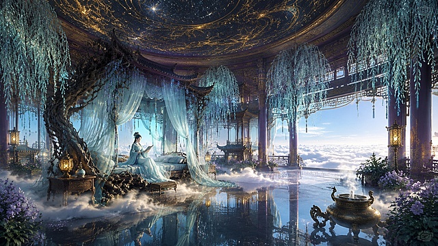 全景纵深广角镜头，巨型浮空天宫寝宫，顶部穹顶是青黑底鎏金星河星空浮雕，布满细碎星光纹路；画面左侧中心是巨型天然树根雕花拔步床，浅青色半透纱幔垂坠环绕床榻；一位古装女子身着青蓝汉服静坐床榻翻阅书卷；全屋地面为深色抛光反光石砖，地面、床底漂浮蓬松柔软的白色云雾；室内四周垂落通透水晶质感的蓝绿色垂柳长枝，角落丛生盛放淡紫色花簇；房间两侧是深紫鎏金立柱、多层重檐中式楼阁回廊；开阔落地窗向外延伸，窗外一望无际铺满体积饱满的白色云海，天际柔和淡蓝天光，空间辽阔梦幻。女子梳温婉古风盘发，搭配简约玉饰，身穿渐变青蓝色垂坠广袖汉服，安静斜靠床榻手持书卷阅读；柔和天光穿透纱幔落在衣料，薄丝绸褶皱通透细腻，气质静谧淡然。星河穹顶：大面积穹顶星空浮雕，青黑色基底搭配鎏金流云星轨纹路，布满细碎闪烁星光，复刻浩瀚银河；巨型根雕龙床：整床由巨型天然扭曲树根雕琢而成，搭配中式飞檐顶篷，四周垂挂多层浅青色半透柔光纱幔，床品是同色系丝质寝具；床沿配有小型实木脚踏与床头柜，摆放瓷瓶、复古宫灯；室内仙植造景：全屋垂挂水晶琉璃质感的蓝绿色垂柳枝条，流光通透；地面漂浮蓬松云雾，四周丛生翠绿灌木与大片淡紫色花簇；角落摆放青铜三足香炉，缓缓飘出轻薄白烟，搭配镂空落地宫灯；地面与建筑：深色高光抛光石地板，镜面反射星光、纱幔与云雾；两侧深紫色实木鎏金立柱，搭配多层翘角古风楼阁回廊，木质雕花精致繁复。整片连绵无尽的蓬松白色云海，云层层次饱满柔软，远处天际是干净柔和的淡蓝色白日天光，无多余山体，云海一望无际。清冷梦幻的银河漫射柔光，室内宫灯点缀暖黄细碎光点，水晶柳枝折射通透蓝绿色光泽；冷暖光影柔和交织；主色调：鎏金星空、浅青纱幔、青蓝汉服、水晶绿柳枝、淡紫繁花、洁白云海；氛围空灵静谧、奢华缥缈，置身星河云海之上的上古仙寝。UE5电影级渲染，8K超写实高精度细节；树根雕刻肌理、半透纱幔褶皱、水晶琉璃柳枝通透反光、星空鎏金浮雕、抛光地板镜面反射、蓬松云雾层次全部精细刻画；无畸形人体，清除画面文字水印logo，无现代物品、无西式建筑、无刺眼霓虹灯光