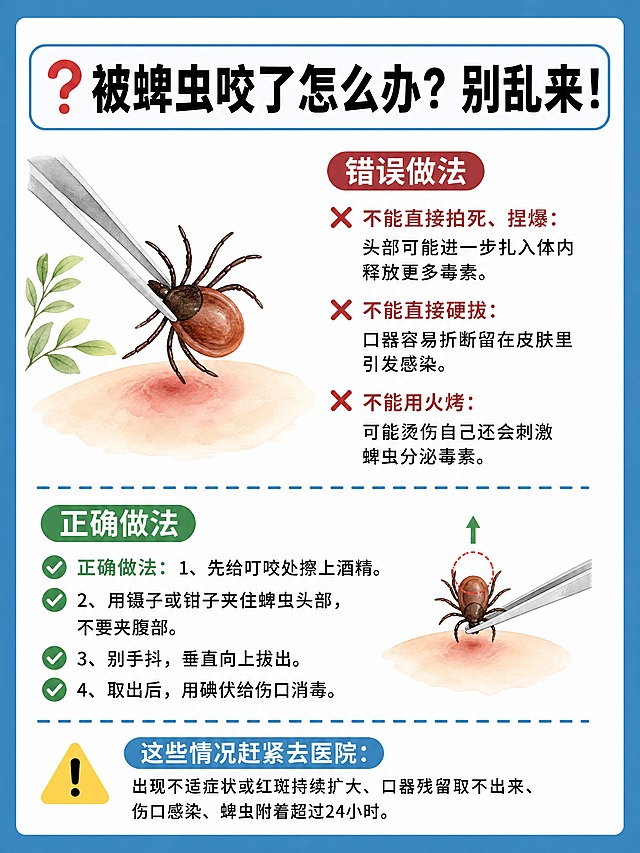 小红书健康科普图文内页，插图大字风格，ins清新风，版式骨架、分区比例、色调体系与参考图保持一致（相似度约70%），版式精美，信息层级清晰。顶部大标题逐字锁定：「❓ 被蜱虫咬了怎么办？别乱来！」，黑色超粗黑体，蓝色圆角底框。正文分错误做法和正确做法两部分：错误做法用红色叉号标注：「❌ 不能直接拍死、捏爆：头部可能进一步扎入体内释放更多毒素。❌ 不能直接硬拔：口器容易折断留在皮肤里引发感染。❌ 不能用火烤：可能烫伤自己还会刺激蜱虫分泌毒素」。正确做法用绿色对勾标注：「✅ 正确做法：1、先给叮咬处擦上酒精。2、用镊子或钳子夹住蜱虫头部，不要夹腹部。3、别手抖，垂直向上拔出。4、取出后，用碘伏给伤口消毒」。底部警示：「⚠️ 这些情况赶紧去医院：出现不适症状或红斑持续扩大、口器残留取不出来、伤口感染、蜱虫附着超过24小时」。背景：白色内页+蓝色粗边框，与参考图结构一致。插画：左侧或角落配手绘水彩风格的镊子夹蜱虫小插画。装饰：蓝色虚线分隔段落，警示emoji点缀。整体氛围：急救科普、清晰实用、避免错误操作。画质：高清细腻，文字清晰完整处于安全区，四周留安全边距。画面比例3:4，4K。图生图：严格使用用户上传图片，【图1】= 版式风格参考图，参考其蓝边白底、水彩插画、标题层级与虚线分隔的版式结构，文案与插画替换为本次被咬处理内容。