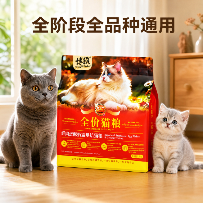 [主图-6] 全阶段全品种适配展示图。[氛围风格] 温馨治愈家庭实拍风。[画质] 商业摄影质感、光线柔和通透、产品清晰真实、画面干净高级、4k超高清。[元素] 猫粮包装袋放置在画面中央靠前位置，一只成预览效果