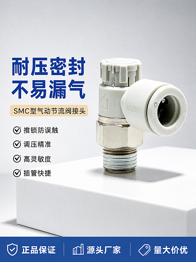 [第3屏] 核心卖点展示-气动节流阀接头，移除顶部金大昌机电字样。
[氛围/风格] 浅灰色工业简约风，信息清晰。
[元素布局] 气动节流阀接头放置在画面右侧白色平台上，浅灰渐变背景，左侧放卖点文字，保持产品外观结构颜色与原图一致，顶部完全移除"金大昌机电 原装正品"文字，调整版式布局。产品主体清晰，不被文字遮挡。
[光影质感] 均匀布光，产品立体感强，阴影自然。
[配色色系] 浅灰背景，白色产品，金属银色，深蓝色大标题，黑色卖点文字。
[视角构图] 左文右图版式，平衡舒适。
[文字版式] 左侧大标题深蓝色写"耐压密封 不易漏气"，下方浅黄底标签写"SMC型气动节流阀接头"，四个对勾卖点依次排列：推锁防误触 调压精准 高灵敏度 插管快捷，底部蓝色信息条写"正品保证 源头厂家 量大价优"，文字排版整齐清晰。完全移除顶部"金大昌机电"文字。
[比例分辨率] 3:4 比例，4K分辨率。
[负向提示词] 产品变形，文字错乱，金大昌机电