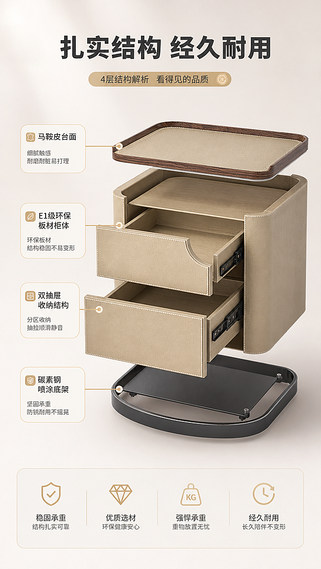 [商品] 使用【图1】DL-8809床头柜；保留浅卡其马鞍皮双抽屉外观、深棕色台面、黑色碳素钢弧形底架、右侧半圆缺口设计、缝线细节、整体圆角造型；商品处理：增强马鞍皮纹理与缝线质感，提亮金属底架光泽，保持产品结构比例不变。
[画面] 目标：结构框架深度解析，展示内部板材与底架工艺。3D分层爆炸示意构图，床头柜从台面、抽屉、柜体、底架四层微微分离展示内部结构，产品整体占画面约65%。浅灰色渐变背景，配引线标注各层材质。
[视觉] 套系策略：风格=现代轻奢亮调商业摄影；标题字=现代无衬线粗体；正文字=简洁无衬线体；主色=暖白+浅卡其；背景延展=基于暖白与浅卡其做深浅层级、同色渐变和细腻哑光质感；强调色=香槟金，仅用于小面积图标、引线和标签；标题色=深炭灰；正文色=中暖灰；组件=圆角浅底信息卡、细线引线、胶囊卖点框；光影=左前侧暖柔光，柔和自然阴影。
[文字] 顶部主标题「扎实结构 经久耐用」，引线标注四层结构：「马鞍皮台面」「E1级环保板材柜体」「双抽屉收纳结构」「碳素钢喷涂底架」。底部配短说明「稳固承重 安心使用」。文字全部横向排版。
[规格] 图片比例9:16竖版，4K分辨率，淘宝/天猫适配，中文文案，避免变形、错字、文字过小、冷蓝灰背景、产品颜色改变、结构失真、极限词。