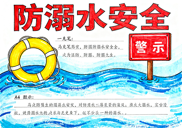 防溺水安全教育横版手抄报，马克笔手绘风格，画面包含救生圈、警示牌、水波元素，顶部有醒目的"防溺水安全"标题，排版适合横版A4印刷，色彩醒目，预留充足文字书写区域，突出安全宣传主题