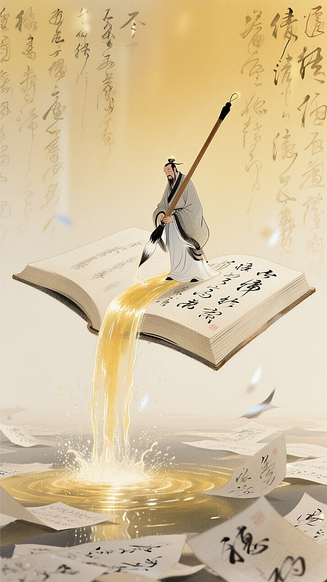 混合细腻彩铅质感的低饱和黄色系渐变背景图。悬浮特写一本摊开的巨大草书书本，一个夫子站在书上拿着巨型毛笔，书上倾泻出金黄色的水流（像瀑布一般）。后景是泛黄的草书文字，底部散落许多草书纸张。