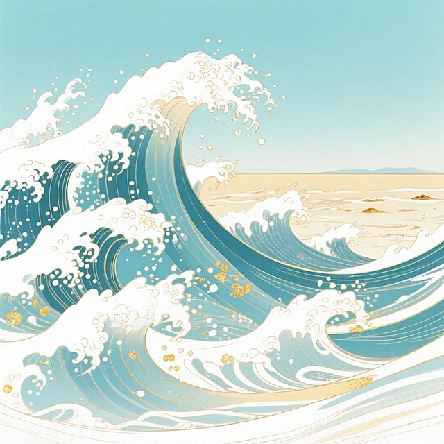 浮世绘风格浪花，鎏金线条勾勒，水彩晕染，古典唯美的插画风，优雅文艺，展现东方美学意境。