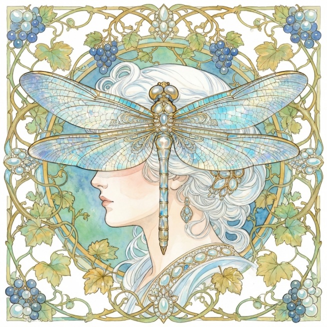将图片改为插画风格，保留蜻蜓、少女侧脸、藤蔓浆果元素与对称构图，色彩清新明快，线条流畅柔和，保留新艺术运动特征预览效果
