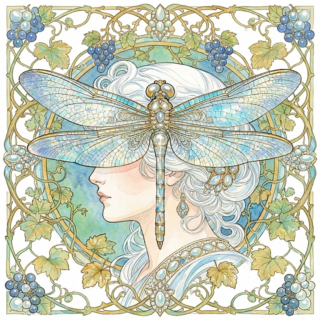 穆夏风与玻璃画风交融，古典女性侧脸隐于蓝翼蜻蜓之下，藤蔓葡萄环绕，鎏金线条勾勒，水彩晕染清透柔和，梦幻优雅中透出欧洲宫廷艺术的唯美意境。