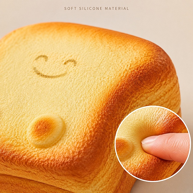 [Main Image 3] Material Texture Close-up Detail Display.
[Atmosphere Style] Focused detail presentation, professional texture display.
[Image Quality] Macro commercial photography, high-resolution detail performance, clear texture level, true material reduction.
[Elements] Partial close-up of the surface of the toast squishy, magnify the soft foam material and realistic bread epidermis texture. Local amplification highlights the touch and material details of the product, keep the original color gradient of the product epidermis. A small circular magnifying glass frame marks the key detail area, which clearly shows the soft material properties. Keep the product material characteristics consistent with the original image, no distortion.
[Light and Shadow] Side backlighting, outline the material thickness and soft rebound elasticity, highlight the 3D texture of the material.
[Color Matching] Light beige low saturation background, product epidermis natural golden brown, highlight the material layering.
[Perspective Composition] Partial close-up perspective, product occupies about 75% of the picture, magnifying glass mark in the lower right corner, reasonable layout does not block the main body.
[Text Layout] Small title SOFT SILICONE MATERIAL at the top center, light font weight, do not grab the product focus.
[Proportion Resolution] 1:1 proportion, 2048 * 2048px 2k resolution, super high definition texture display.
[Negative Prompt] Deformation, text disorder, product picture blurred, background clutter, watermark, e-commerce platform Logo, Chinese characters.