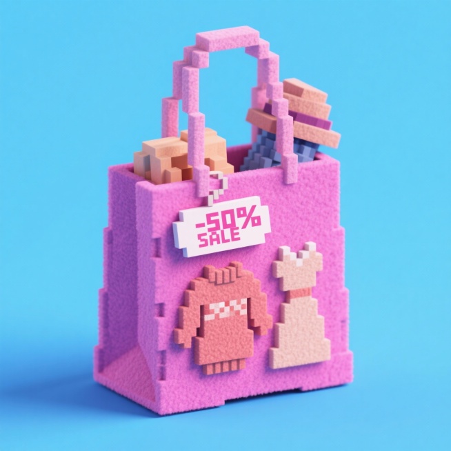 粉色购物袋里装着毛衣、连衣裙、帽子，购物袋上印有 “-50%”“SALE”标签，蓝色背景。预览效果