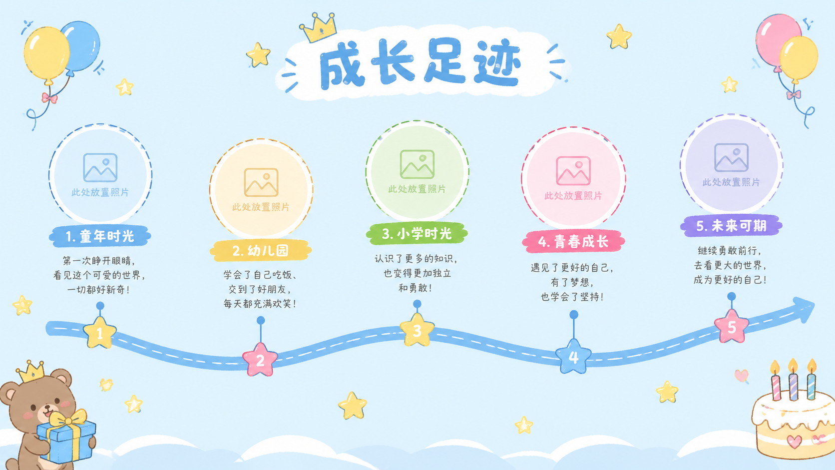 卡通可爱风生日主题PPT成长时间轴页，横向16:9比例，浅蓝底… - 图片创意预览