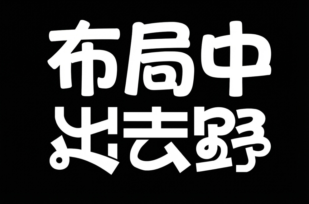 参考图中粗体圆润的特殊字体样式，生成“布局中”三个白色大字，保留字体拐角圆润的设计风格，黑色背景，保持和原图一致的字体设计质感预览效果