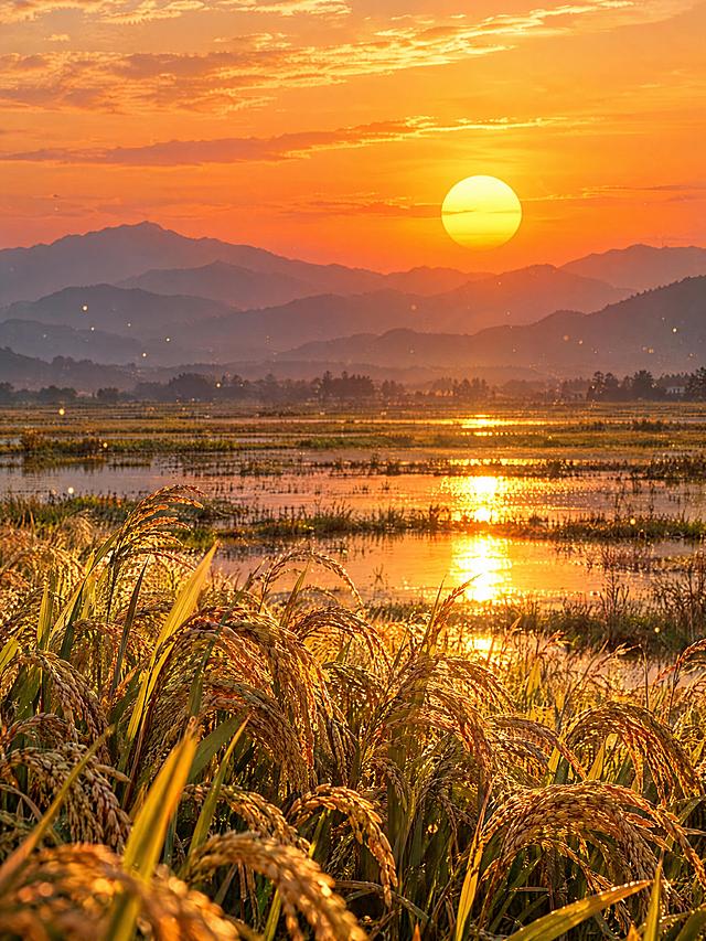 竖版写实风光摄影：秋日黄昏旷野，巨大圆润的金色落日悬在半空，光线温暖饱满；天空由橙色到暖黄色渐变，舒展着轻薄云霞；前景是大片随风摇曳的水稻麦穗，穗头在逆光中泛着金色光边；远处层叠山峦在暮色中层层淡远；旷野中有浅水面，水面上倒映落日霞光，波光粼粼；旷野上空点缀细碎发光星光粒子，如微尘般闪烁漂浮；整体静谧治愈，暖金色逆光，氛围感浓郁，画面通透干净，8K 级超高清写实摄影质感，色彩温暖自然，构图层次分明。