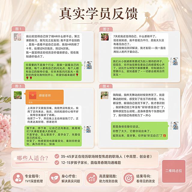 风格：温柔疗愈系写实商业摄影方形海报，整体氛围温暖可信，传递真实口碑。整体主色调为米白色，搭配淡粉色点缀。主视觉为虚化的舞动疗愈轻柔背景，带有柔和的光影和淡淡的纱帘氛围感。
画面比例是1:1，分辨率4K，版式精美，分区清晰，留白适当，文字清晰可读。

文案内容从上到下依次排布：
1. 标题：真实学员反馈
2. 四张学员反馈聊天截图依次排版：图1图2在上排，图3图4在下排，保持四张截图完整清晰呈现，保持每张图片内原有文字完全不变，不做任何修改，四张聊天记录截图分别对应【图1】【图2】【图3】【图4】
3. 下方内容：
哪些人适合？
✅35-45岁正在经历职场转型焦虑的职场人（中高管、创业者）
✅12-15岁孩子家长，面临青春期沟通难题

底部四个服务标签：
专业指导：1V1深度梳理
身心疗愈：解决真实问题
高质量陪跑：助力找到自我
结果导向：看得见的改变

整体层次清晰，文字和截图都不互相遮挡，风格统一，色调柔和治愈，符合疗愈课程招生口碑宣传的方形海报调性，保留聊天截图的真实感，原有图片内文字完全不变，所有文字必须清晰可读，所有数字精确渲染。画面中所有二维码区域使用纯色方块占位符呈现，方块中央标注"二维码占位"文字，严禁生成任何可识别的二维码图案。