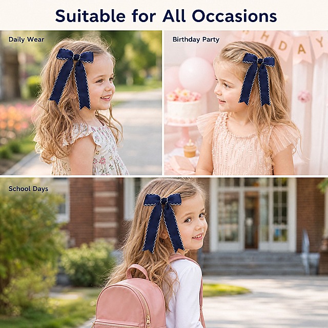 [主图-5] 2Pcs Wave Lace Edge Bow Hair Clips 多场景适用展示。
[统一基调] 亚马逊跨境风格，柔和暖色调背景，精致甜美儿童配饰风，英文文案，字体为优雅无衬线体，标题字色为藏蓝色，辅助文字为深灰色。
[画面] 画面采用三宫格布局，展示三个不同的使用场景，每个场景中都有佩戴藏蓝色波浪蕾丝边蝴蝶结发夹的欧美小女孩：左上格展示日常休闲场景，小女孩穿着碎花连衣裙在户外公园；右上格展示派对礼服场景，小女孩穿着正式礼服参加生日派对；下方整格展示校园/日常上学场景，小女孩背着书包。每个场景中的发夹都清晰可见，展示产品在不同场合的适配性。三个场景图之间用细白色线条分隔。
[光影质感] 自然生活摄影质感，每个场景都有自然的光线和氛围，产品在每个场景中都清晰突出，颜色准确。
[配色] 三个场景各自有自然的环境色彩，整体色调温暖柔和，藏蓝色发夹在每个场景中都很突出。标题文字为藏蓝色。
[文字版式] 画面顶部居中大标题"Suitable for All Occasions"。每个场景角落有小号文字标注："Daily Wear"、"Birthday Party"、"School Days"。文字不遮挡人物面部和发夹主体。
[输出要求] 1:1正方形比例，2048x2048像素，场景自然真实，产品清晰，文字清晰可读，无变形、无错字、无模糊、无水印、无平台Logo。