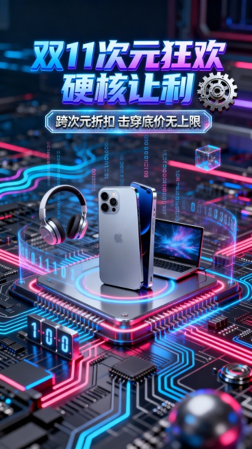赛博朋克风格海报，背景是流光溢彩的霓虹电路板与悬浮的数码产品，最上面用蓝紫渐变发光字“双 11 次元狂欢 硬核让利”，搭配机械齿轮动态特效；“跨次元折扣 击穿底价无上限”几个字以金属质感字体嵌套在全息预览效果