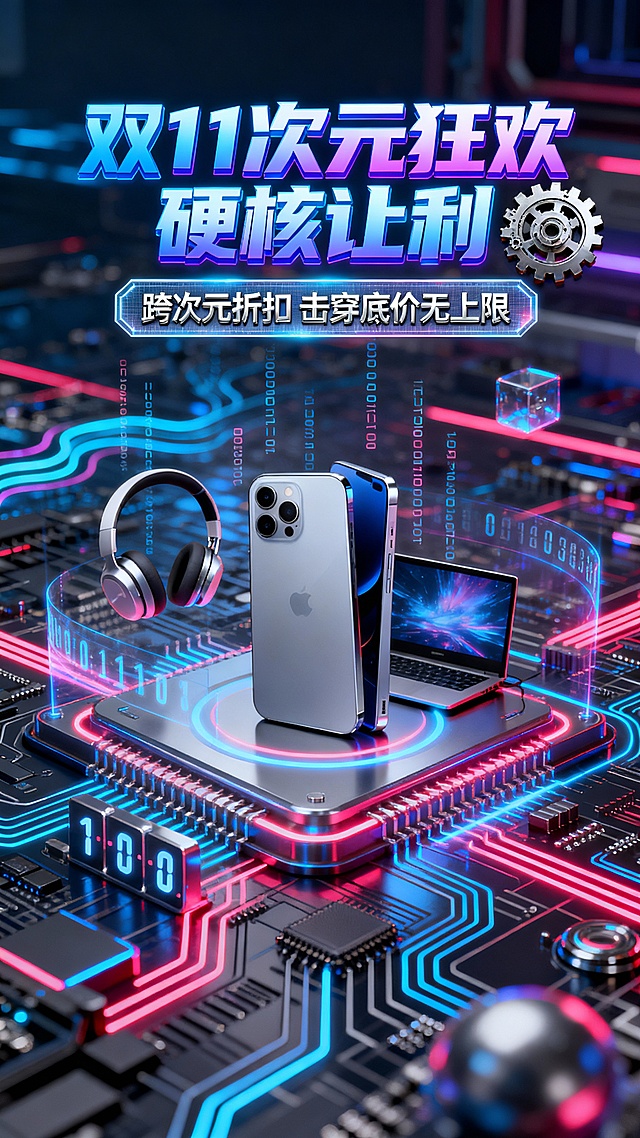 赛博朋克风3D海报，霓虹灯效与金属质感交织，虚拟现实粒子流动，科技感十足，双11促销主题突出，未来感与冲击感兼具。