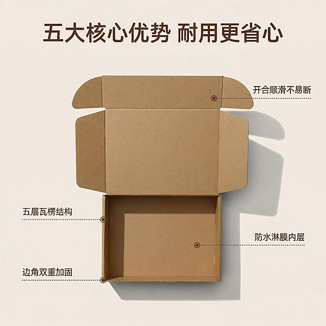 基于提供的牛皮纸飞机盒图片，生成核心卖点展示主图，纸箱居中放置在浅米色纯净背景上，周围用带圆点的纤细引线连接到对应部位，分别标注卖点：引线连接箱体侧面标注“五层瓦楞结构”，连接边角加固处标注“边角双重加固”，连接盒盖处标注“开合顺滑不易断”，连接内壁标注“防水淋膜内层”。画面顶部主标题“五大核心优势 耐用更省心”，文字为无衬线深棕色，悬浮在画面负空间，不遮挡产品主体，整体风格舒适简约，光影明亮柔和，适配淘宝天猫平台。
