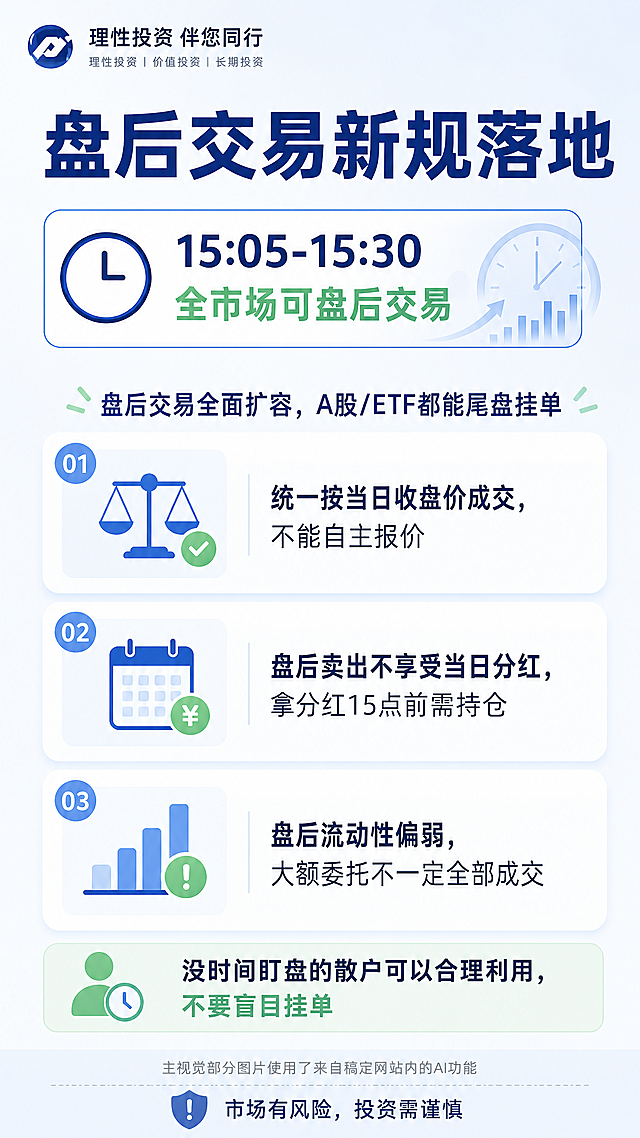 生成一张金融行业每日常态化理性投教海报。物料类型：知识卡片，主题：全市场盘后固定价格交易新规，面向人群：普通股民，标题："盘后交易新规落地"，主句："15:05-15:30 全市场可盘后交易"，主体解释："盘后交易全面扩容，A股/ETF都能尾盘挂单\n1. 统一按当日收盘价成交，不能自主报价\n2. 盘后卖出不享受当日分红，拿分红15点前需持仓\n3. 盘后流动性偏弱，大额委托不一定全部成交"，行动提醒："没时间盯盘的散户可以合理利用，不要盲目挂单"，视觉流派：扁平科普，画面比例：9:16竖版，交付1080x1920，画面结构：顶部标题，中部3条要点卡片，底部标注、行动提醒加风险提示，LOGO位置：仅顶部信息区优先左上角，主色方案：金融蓝加浅绿辅助色，版式要求：模块卡片图标化，信息层级清晰，留白充足，元素要求：使用简约时间图标装饰，禁止高饱和营销元素与无关装饰，同一元素在单图中最多出现2次，合规要求：底部独立区域，首先添加小字标注"主视觉部分图片使用了来自稿定网站内的AI功能"，下方写清晰可读的风险提示文案"市场有风险，投资需谨慎"，不得删除、遮挡或弱化，纯净要求：无水印、无手机状态栏、无边框、无截图效果，要求单图单点表达、信息层级清晰、表达通俗克制，不出现收益承诺、具体产品推荐、买卖指令或个性化配置建议