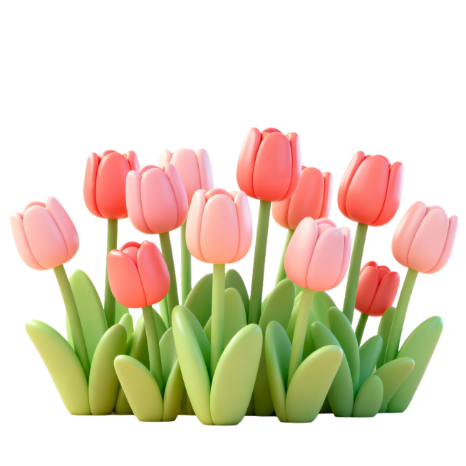 3D风格可爱郁金香丛图像，花朵高低错落 质感圆润清新预览效果