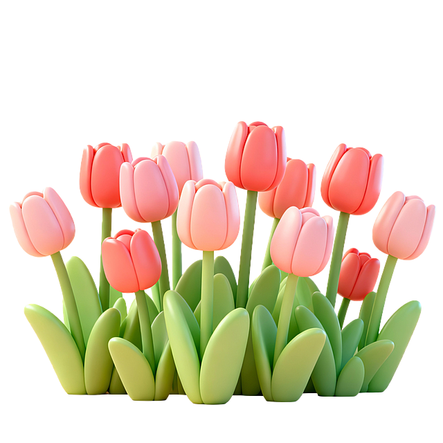 3D风格可爱郁金香丛图像，花朵高低错落 质感圆润清新