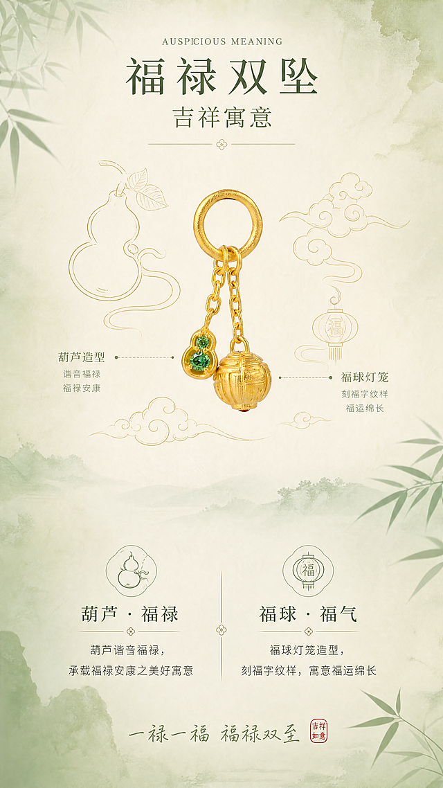 [商品] 使用【图2】福禄提溜古法黄金吊坠正面图；严格保留产品完整结构、古法磨砂黄金质感、黄澄澄黄金本色、沙弗莱绿宝石颜色，禁止变形、重绘、改变比例；去除透明鱼线。
[画面] 页面目标为卖点3「福禄双坠 吉祥寓意」，讲清文化寓意与设计内涵；画面采用上下结构：上半部分产品悬浮于中央，周围用细线描勾勒葫芦、祥云等国风元素做装饰，形成设计拆解感；下半部分为文字寓意区；背景为暖米白宣纸质感+浅豆绿渐变边缘，点缀淡墨晕染与竹叶剪影；3层视觉层次（线描装饰/产品实物/文字信息）。
[视觉] 套系策略：风格=高端新中式古法黄金珠宝详情页，松弛显贵，自然清新，品牌级设计感；标题字=免费商用宋体衬线体（纤细雅致，统一字重字号）；正文字=免费商用简洁无衬线体（纤细轻盈）；手写体=免费商用手写体（仅少量点缀）；英文小字=免费商用衬线体（纤细优雅）；主色=低饱和抹茶绿（浅豆绿色）；背景延展=基于抹茶绿做深浅渐变、暖米白宣纸质感、淡墨晕染效果；强调色=朱红色（仅用于印章、小面积点缀）；标题色=深墨绿；正文色=暖灰棕/浅墨绿；组件=细金线、国风线描元素、引线标注、竹叶剪影、印章元素；光影=柔和左前侧漫射自然光，黄金温润磨砂光泽，线描与实物自然融合，无硬阴影。
[文字] 画面上方居中：英文小字"AUSPICIOUS MEANING" + 主标题"福禄双坠" + 副标题"吉祥寓意"；下方两组寓意说明（居中横排，配小图标）：第一组"葫芦 · 福禄" + "葫芦谐音福禄，承载福禄安康之美好寓意"；第二组"福球 · 福气" + "福球灯笼造型，刻福字纹样，寓意福运绵长"；底部手写体小字"一禄一福 福禄双至" + 朱红小印章；全部文字横排，层级清晰，留白充足。
[规格] 图片比例9:16竖版（宽1080px高1920px），4K高清，负向提示：避免透明鱼线、黄金发白、产品变形、宝石偏色、文字竖排、促销感、杂乱装饰、蚂蚁字。