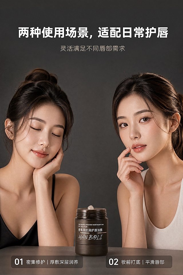 [商品] 使用【图1】磨砂茶棕唇油膜罐体；严格保留罐体结构、比例、磨砂茶棕颜色、材质质感、瓶身标签文字「FINE WRINKLE REDUCTION MOISTURIZING CARE」「LIP OIL FILM」「密集淡纹润护唇油膜」「HAN BOLI」手写体Logo及位置比例；真实物理比例1:1，无变形、无颜色失真；罐体放置于两位模特中间。
[画面] 双场景用法人像展示屏，顶部标题，中部双人模特人像主体，底部场景标签，居中布局；画面主体是左右两位气质亚洲女模特人像（左侧表现夜间修护场景，柔和放松状态；右侧表现妆前打底场景，精致日常状态），磨砂茶棕唇油膜罐体放置两人中间，罐体与人物比例遵循真实物理空间逻辑；纯色深灰极简背景，影棚高级柔光，商业美妆人像风格；背景干净无杂物，大量留白。
[视觉] 套系策略：风格=极简高级商业美妆人像摄影；标题字=现代粗体无衬线字体；正文字=纤细无衬线体；主色=磨砂茶棕+深灰；背景延展=纯色深灰极简背景，干净无杂物；强调色=浅金色（仅小面积标签点缀用）；标题色=纯白色；正文色=浅米灰色；组件=编号标签块；光影=影棚高级柔光，人物面部立体布光，产品有柔和高光，低对比度。
[文字] 画面顶部居中主标题「两种使用场景，适配日常护唇」，粗体白色无衬线大字；主标题下方副标题「灵活满足不同唇部需求」，纤细浅米灰小字；画面底部左右两组编号标签：左侧「01 密集修护｜厚敷深层润养」，右侧「02 妆前打底｜平滑唇部」，白色字配半透明深底标签；所有文字横向排版，不遮挡人物和产品主体。
[规格] 图片比例2:3竖版，300dpi，4K分辨率；负向提示：避免多余道具配饰、杂乱背景、比例失衡、色彩失真、文字竖排、冷蓝冷灰调背景、人物面部过度磨皮、产品变形。