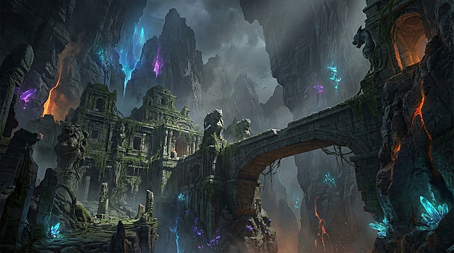 盗墓笔记风格的纯场景图，不要有人物，远处一座地下的宫殿，宫殿四周是悬崖，有一条石桥通向它，游戏cg风格