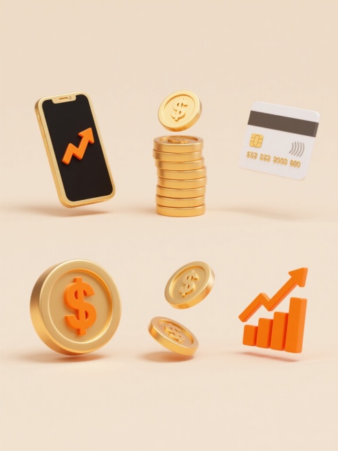 3D立体风格金融元素组合，浅米色背景，上下两行对齐排列六个不同配色、不同样式、不同材质的金融相关元素，包括金色智能手机（屏幕显示橙色上升箭头）、堆叠的金色硬币、白色银行卡（带金色卡号）、悬浮金币、橙色上升折线图，所有元素具有光滑金属质感与柔和阴影，整体呈现明亮欢快的金融增长氛围，画面简洁清晰，无文字信息。预览效果