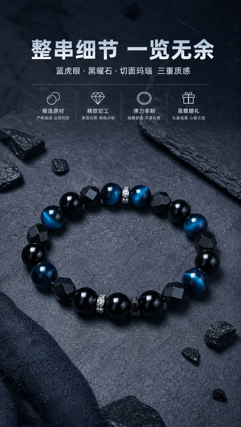 [商品] 使用【图1】男士手串，保留蓝虎眼圆珠、黑曜石圆珠、磨… - 图片创意预览