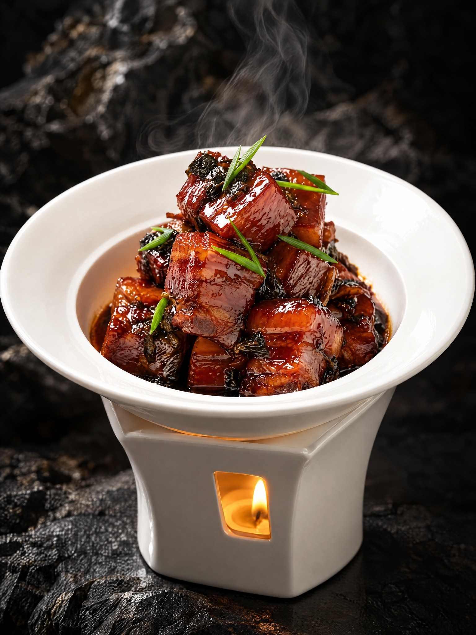 基于参考图中的红烧肉菜品，生成侧面微俯角度的美食摄影图，保持红… - 图片创意预览