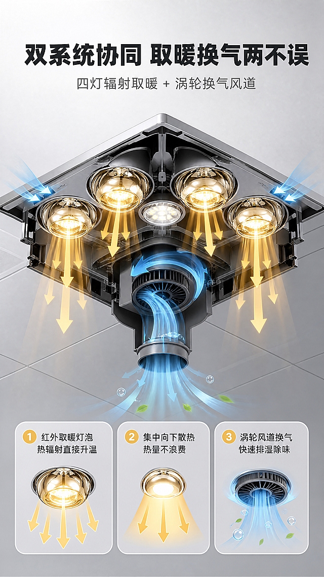 [商品] 使用【图1】四灯暖浴霸产品；保留银色拉丝金属面板、四个圆形取暖灯泡、中间圆形照明灯、底部圆形换气接口、集成吊顶卡扣结构、整体方形轮廓和金属质感；做半剖面/爆炸效果展示内部结构：取暖灯泡发热路径、照明灯珠、换气风扇风道、底部排风接口，不改变外部轮廓和部件位置。
[画面] 目标：第4张核心技术/工作原理，展示四灯取暖系统+换气风道结构。版式：上下结构，顶部标题，中部产品剖面透视图，底部3个技术点说明。主体：浴霸呈透视半剖状态，可见内部加热光路（暖黄色光线向下辐射）和换气风道（蓝色气流箭头从面板吸入、从底部圆形接口排出）。产品占画面约50%，居中偏上。阅读动线：顶部标题→中部剖面示意图→底部3个技术点。
[视觉] 套系策略：风格=现代简约科技商业摄影；标题字=粗黑体无衬线；正文字=简洁无衬线体；主色=银灰色；背景延展=基于银灰做深浅层级、冷灰渐变和金属/瓷砖质感；强调色=暖黄色，仅用于灯泡发光、图标和重点标签；标题色=深炭灰；正文色=中灰；组件=圆角信息卡、细线引线、发光标签；光影=科技感冷光底+暖黄光效突出加热路径。
[文字] 顶部主标题「双系统协同 取暖换气两不误」，副标题「四灯辐射取暖 + 涡轮换气风道」。底部3个技术点横排文字：1.「红外取暖灯泡 热辐射直接升温」配暖黄光线箭头；2.「集中向下散热 热量不浪费」配向下辐射示意图；3.「涡轮风道换气 快速排湿除味」配蓝色气流路径。所有文字横排。
[规格] 图片比例9:16竖版，4K分辨率，淘宝/天猫详情页，避免变形、错字、文字过小、产品外部结构改变、灯泡数量错误。