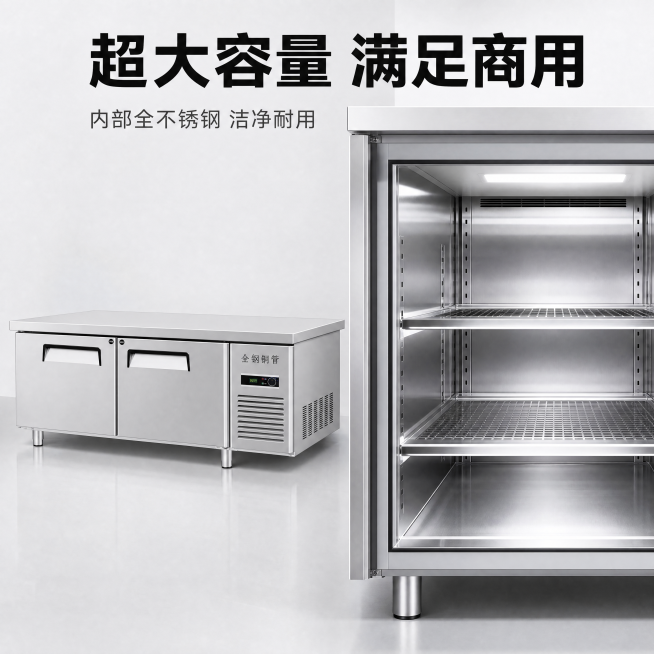 [主图-3] 商用冷柜操作台大容量卖点细节展示。
[氛围风格] 专业实用展示风，清晰直观。
[画质] 商业摄影质感，光线明亮通透，产品细节清晰，画面干净高级，超高清。
[元素] 主图为冷柜打开门后的内预览效果