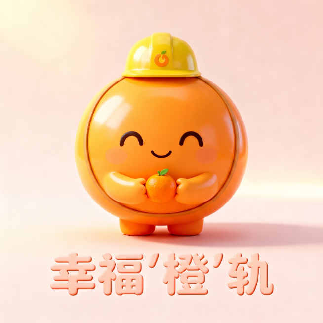 修改幸福'橙'轨品牌IP形象，在原有可爱拟人橙子形象基础上，增加安全帽元素，保留整体温暖治愈风格，形象可爱圆润，突出品牌辨识度预览效果