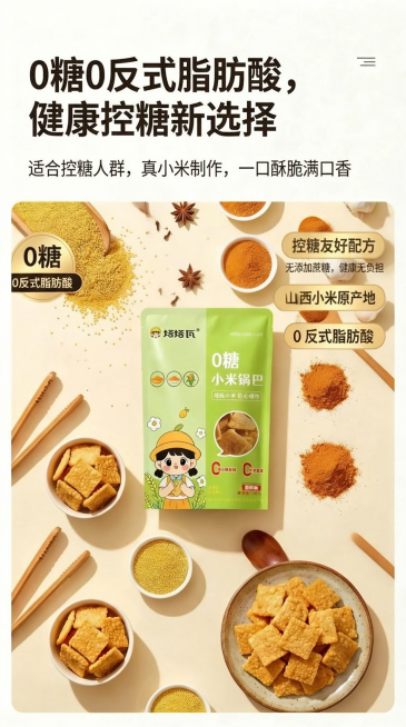 延续参考图的高级干净风格，生成塔塔瓦0糖小米锅巴产品特点详情页，突出0糖0反式脂肪酸健康卖点，使用低饱和度米白背景，柔和侧光，保持和参考图一致的排版风格，强调适配控糖人群预览效果