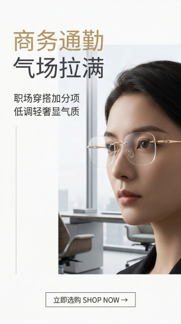 竖版电商海报，极简轻奢杂志风，统一高级通透光影，画面左侧竖向放置主标题【"商务通勤 气场拉满"】，主标题下方放置副标题【"职场穿搭加分项 低调轻奢显气质"】，文字统一采用极简无衬线字体，金色与深灰色搭预览效果