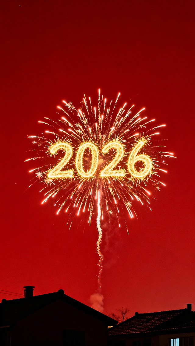 一只烟花，烟花升至空中炸开，烟花中心炸开成金色烟花状“2026”字样，画面底部屋顶剪影，背景新年红色，远景