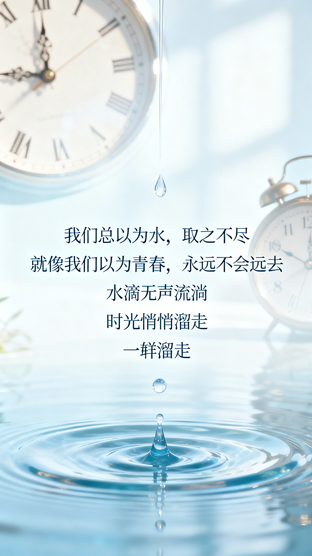 背景融合时光、时钟、水滴元素，柔光文艺风格，居中放置正文“我们总以为水，取之不尽 就像我们以为青春，永远不会远去 水滴无声流淌 时光悄悄溜走 一去，便不再回头”，正文使用浅蓝色，整体氛围文艺柔和