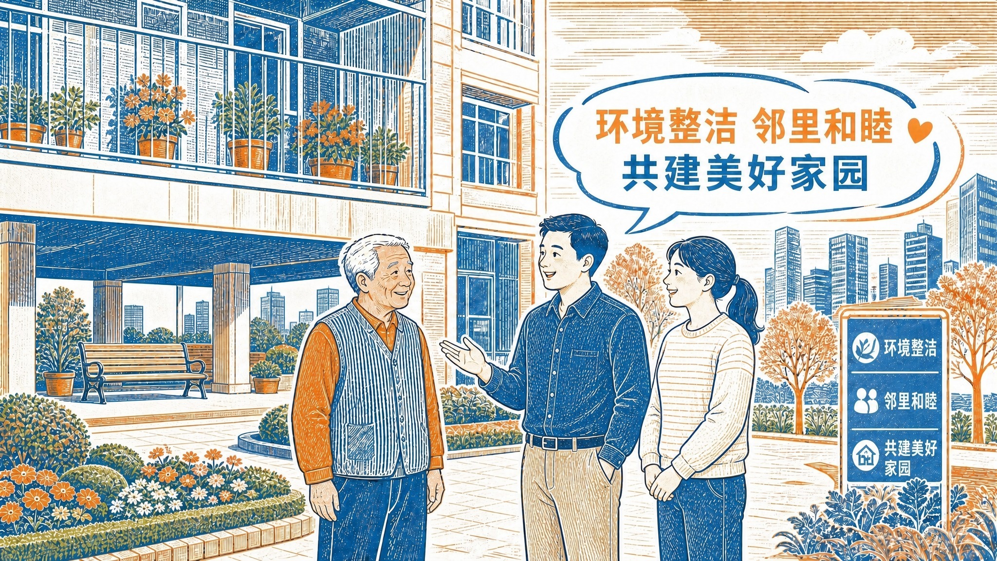 保持橙蓝双色版画风格、木刻质感和16:9横版构图不变，保持小区… - 图片创意预览