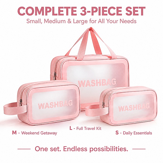 [主图-12] Portable Travel Makeup Toiletry Wash Bag - Set of 3 nested bags, showing all sizes together as a set, pink color family.
[统一基调] Amazon cross-border style, 1:1 square, clean white studio background, commercial product photography, set / bundle presentation, same product design as image 1.
[画面] All three sizes of the pink wash bag displayed together in a nested / stacked arrangement: large bag (with top handles) at the back as base, medium bag (with side strap) sitting in front-left, small bag (with side strap) sitting in front-right on top of the large bag's bottom edge. All three are the same pink color, creating a matching set look. Each bag is at a slightly different angle for visual interest. The set occupies about 70% of the frame. Clean white background.
[光影质感] Soft studio lighting from top-left, consistent shadows across all three bags, pink PU material has uniform color across sizes, PVC windows have consistent frosted finish, silver zippers match, stitching details visible on all sizes.
[配色] Pure white background, soft pink products in three sizes, silver zipper hardware, subtle pink gradient shadow beneath the set.
[文字版式] Top center bold title: "COMPLETE 3-PIECE SET" in dark pink. Subtitle: "Small, Medium & Large for All Your Needs". Size labels below each bag: "S - Daily Essentials", "M - Weekend Getaway", "L - Full Travel Kit". Bottom tagline: "One set. Endless possibilities.". Clean modern sans-serif font, pink accent color matching the product, all English.
[输出要求] 1:1 square ratio, 2048x2048, all three sizes clearly distinguishable, matching color family, all text English, no distortion, no watermark, no Chinese text, no platform logo.