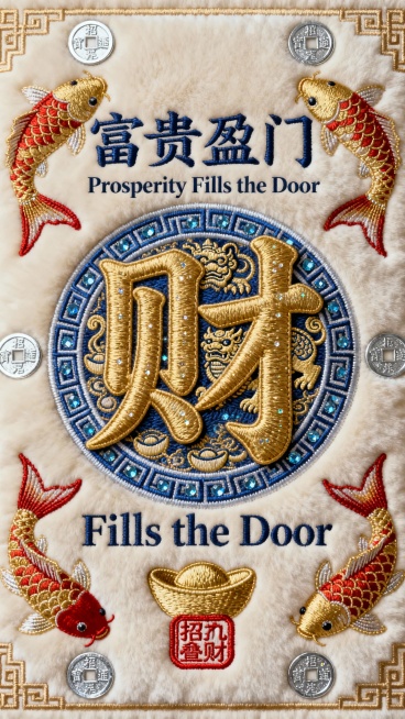 一幅富贵盈门的财神刺绣，以米白色绒布为底，运用闪亮的钉金绣工艺。色彩选用热烈的中国红、璀璨的元宝金与稳重的宝石蓝，点缀亮银色。画面中央是丰腴厚重的"财"字，采用立体金线绣法，字内暗绣貔貅聚宝图，边缘以预览效果