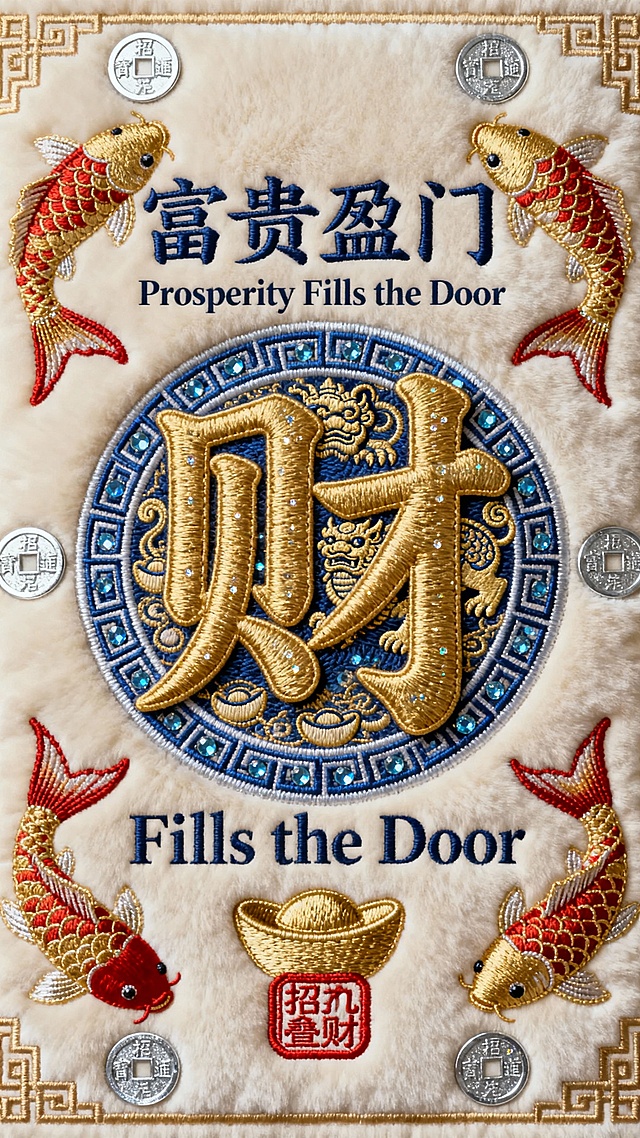 中式刺绣风融合工笔细节，金红锦鲤环绕“财”字，重拟物质感彰显国潮复古韵味，喜庆吉祥寓意迎春纳福。