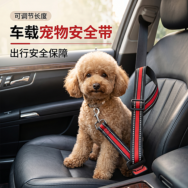 这个产品的车载宠物安全带，一共有四种颜色，帮我生成一些场景图，介绍这个车载宠物安全带的「图片1」「图片1」「图片1」「图片1」「图片1」请使用电商主图套图技能