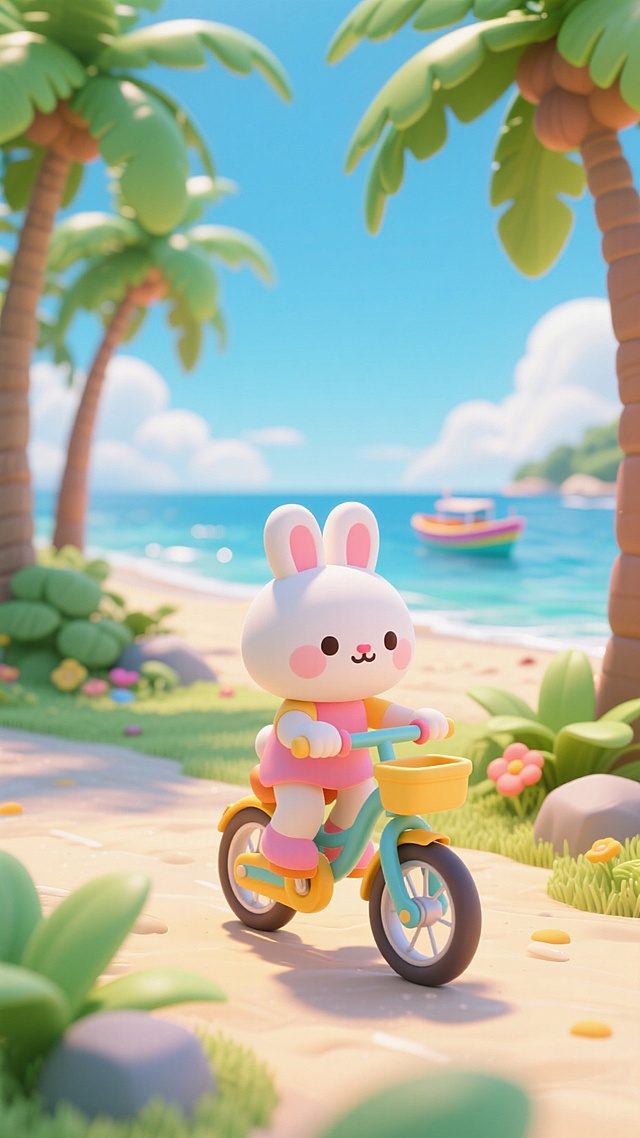 头身比1:1的小兔子在海边，骑着自行车，椰子树，海，船，蓝天白云
