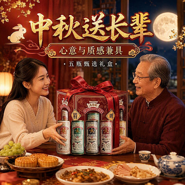 [主图-4] 送长辈亲友，五瓶甄选礼盒，中秋送礼场景主题。
[统一基调] 中秋礼赠国风，金秋暖调，雅致高级有心意。背景主色金秋暖红渐变米金，标题字色深红配烫金，辅助字色米白浅金，主标题国风书法体，辅助文案细黑体，强调色烫金，装饰元素圆月桂花玉兔祥云红丝带礼盒。
[画面] 中秋家宴场景，中式实木餐桌上摆满中秋美食，中间放着精美的五瓶甄选礼盒，红色丝带系着蝴蝶结，旁边一位晚辈正把礼盒递给长辈，两人面带微笑，背景窗外圆月高悬，屋内暖黄灯光，团圆温馨送礼氛围。产品占比约40%，生活化视角。
[光影质感] 暖黄室内灯光，温馨柔和，礼盒精致突出，人物自然不抢戏，团圆生活摄影质感。
[配色] 暖红金秋色调，搭配木色、米白，温馨喜庆。
[文字版式] 上方主标题"中秋送长辈"国风书法体深红烫金字，下方"心意与质感兼具"稍小烫金字，底部"五瓶甄选礼盒"细黑体米白字。文字清晰。
[输出要求] 1:1正方形，2K分辨率，文字清晰可读，产品清晰不变形，无错字，无水印，无平台logo，画面温馨有送礼代入感。