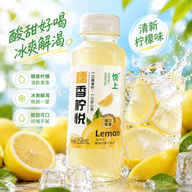 800*800电商主图，悦上糯香柠悦柠檬汁饮料，单瓶产品特写搭配一杯加冰柠檬水，周围装饰新鲜柠檬切片，冰爽解渴风格，突出酸甜好喝的产品特点，适合电商主图展示预览效果