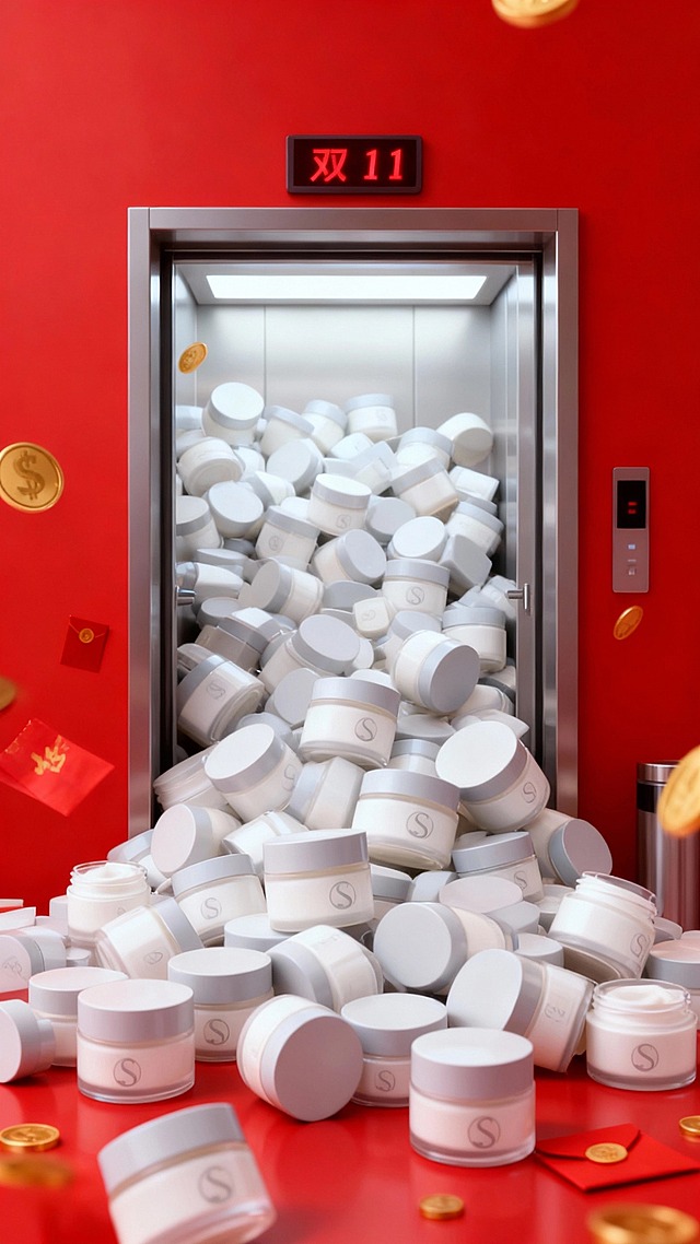 将画面中的主体提取到一个开门的电梯画面，主体重复的、拥挤的、密集且杂乱堆叠，堆满内部，从电梯中涌出到画面前方，电梯上显示屏有“双11”，点缀金币、红包，红色主色调