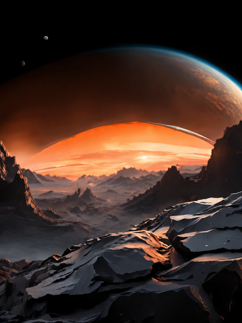 参考原图的星空行星科幻风格，去除耳机主体，保留暗黑岩石地表、橙色行星和太空背景，生成空场景画面预览效果