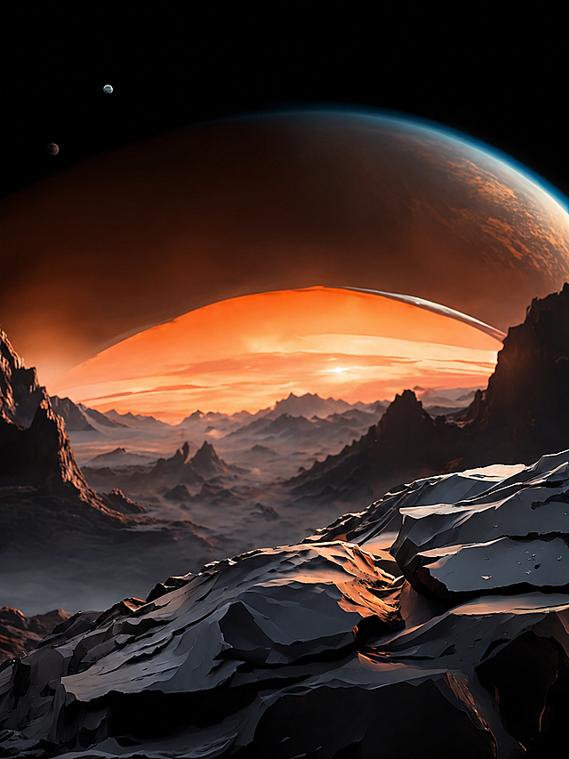 参考原图的星空行星科幻风格，去除耳机主体，保留暗黑岩石地表、橙色行星和太空背景，生成空场景画面